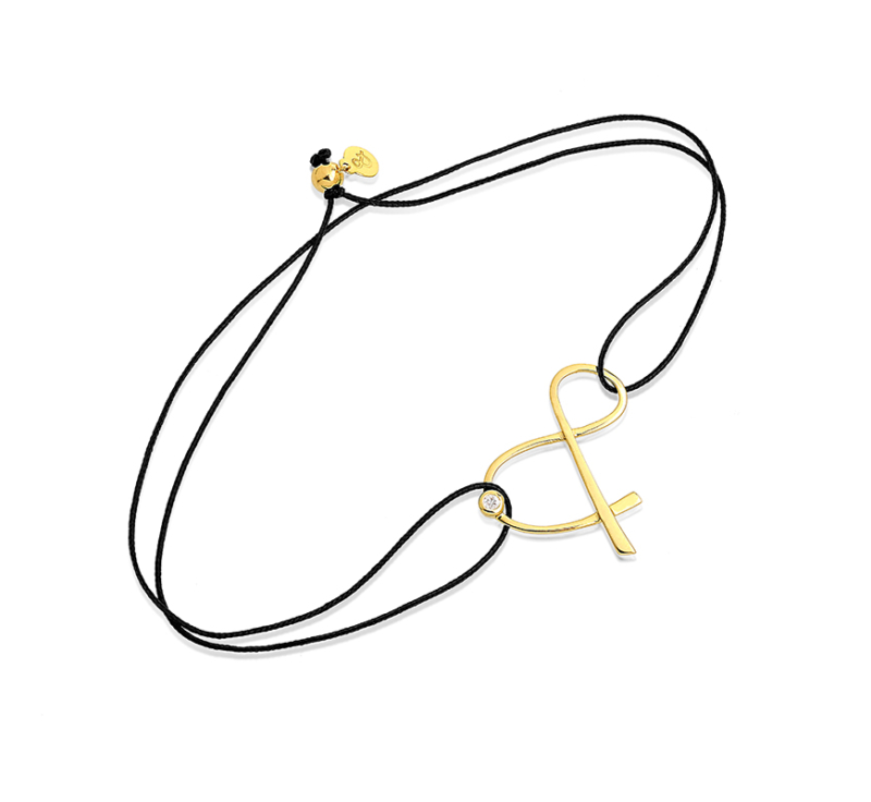 Black Cord Bracelet Ampersand Yellow Gold Diamond