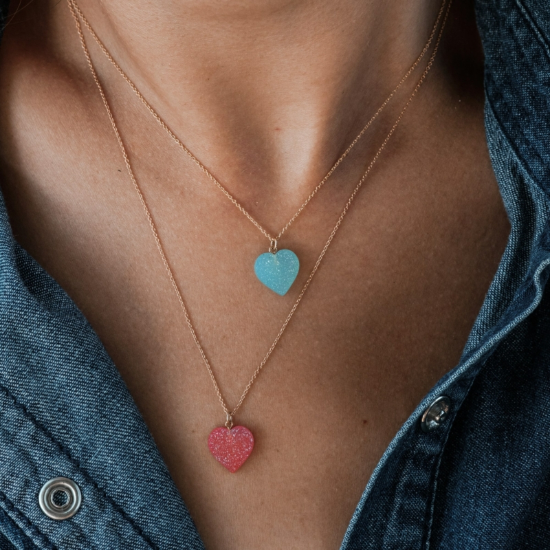 Duo Coeurs Druzy pendant necklaces cornelian chalcedony natural stones 18 carat pink gold recycled mineral jewelry woman ethical love pink october