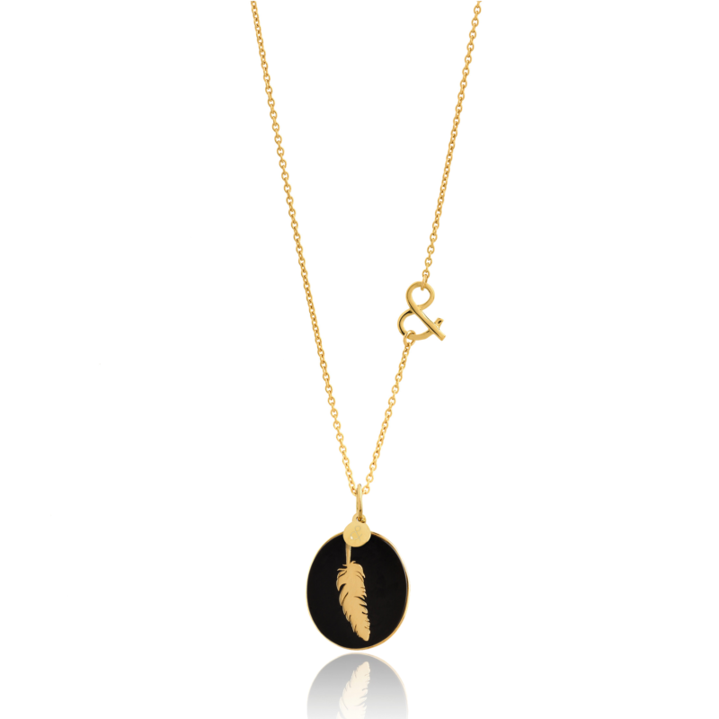 ampersand chain gold medal feather onyx mineral jewelery