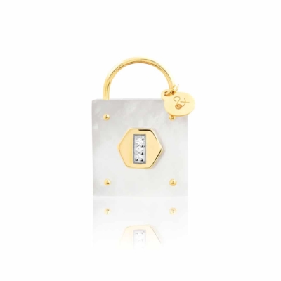 Medal pendant the precious white mother-of-pearl padlock natural stone 18 carat yellow gold recycled mineral ethical jewelry love