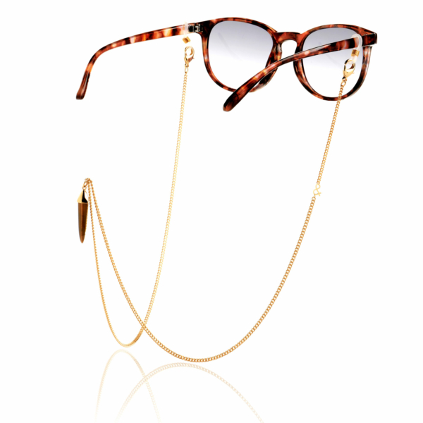 Chaîne de lunettes oeil de tigre marron plaqué or pierre naturelle mineral joaillerie femme