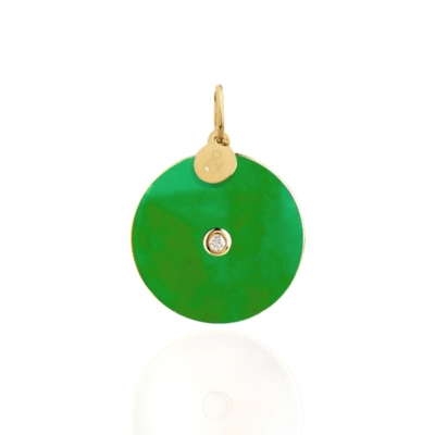 Médaille pendentif pi jade verte diamant pierre naturelle or jaune 18 carats recyclé mineral joaillerie femme