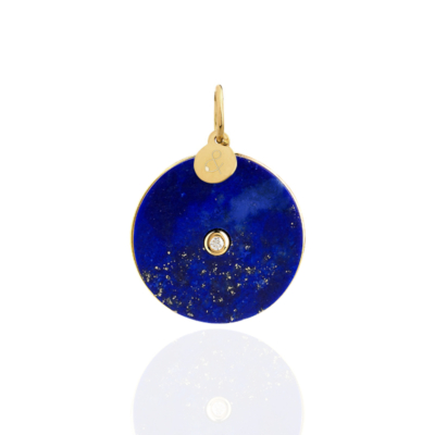 Medal pendant pi lapis lazuli diamond natural stone 18 carat yellow gold recycled mineral women's jewelry