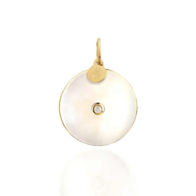 Pendant medal pi white mother-of-pearl diamond natural stone 18 carat yellow gold recycled mineral women's jewelry