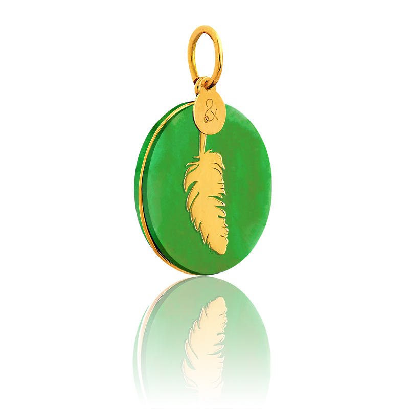Green Jade Feather Pendant Medal 18 carat gold