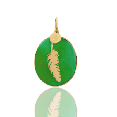 Green jade feather pendant medal natural stone 18 carat yellow gold recycled mineral women's jewelry