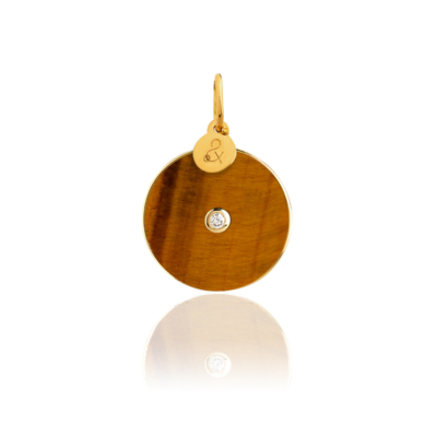 Médaille pendentif pi oeil de tigre marron pierre naturelle or jaune 18 carats recyclé mineral joaillerie femme
