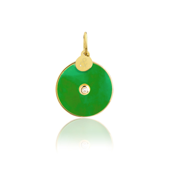 Médaille pendentif pi jade verte pierre naturelle or jaune 18 carats recyclé mineral joaillerie femme