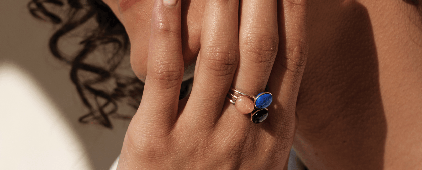 Rings Bestouan sunset onyx lapis lazuli 18 carat gold recycled natural stones mineral jewelry