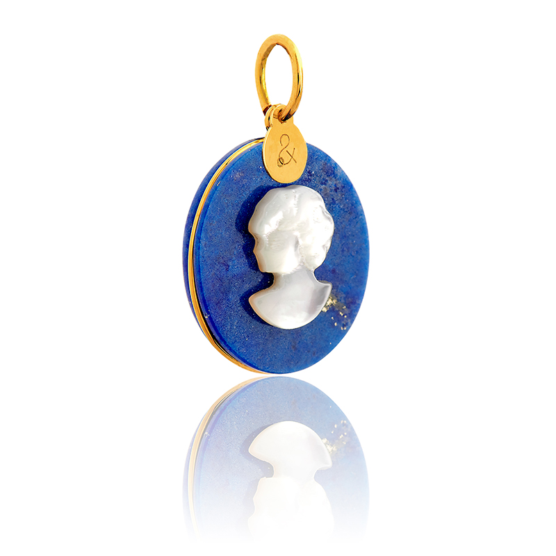 Médaille Pendentif Camée Lapis Lazuli Nacre Blanche