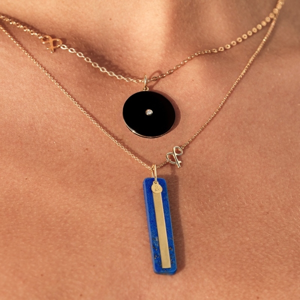 Médaille pendentif Miroir lapis lazuli bleu pierre naturelle or jaune 18 carats recyclé médaille pi onyx pierre naturelle or