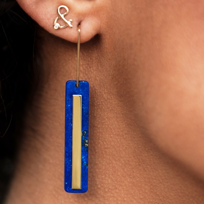 Mirror earrings lapis lazuli 18k yellow gold recycled ethical gold diamond ampersand earrings