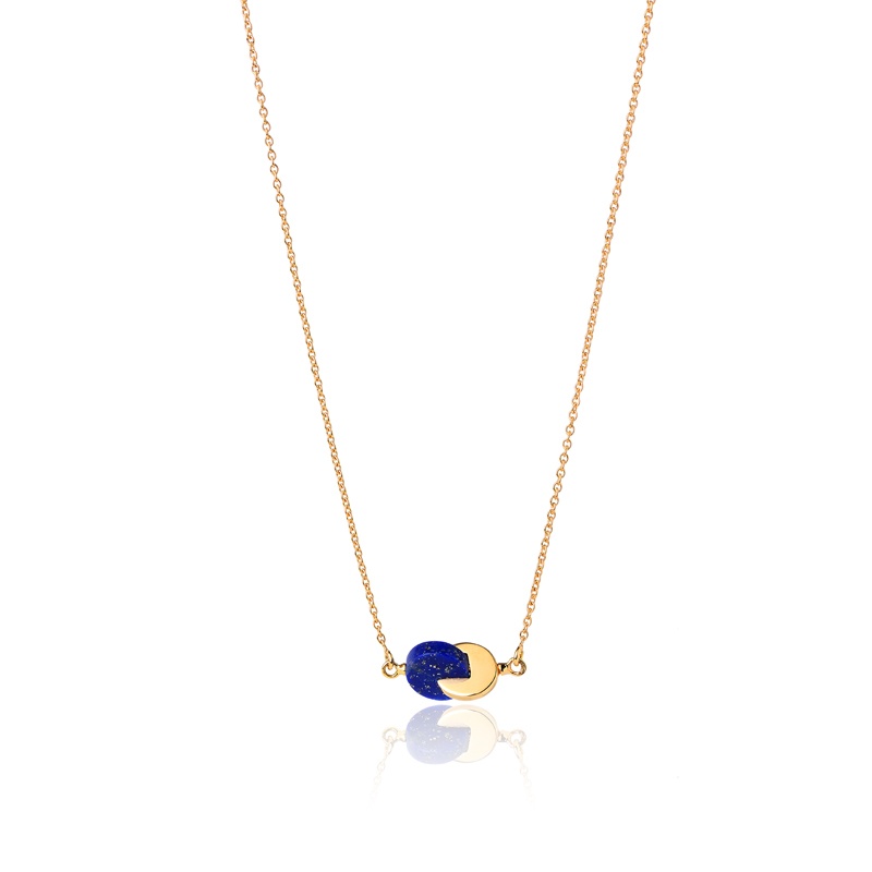 Pendentif collier Eclipse lapis lazuli bleu pierre naturelle or jaune 18 carats recyclé femme